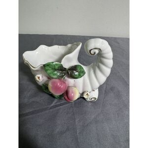 Vintage mini Porcelain ceramic‎ cornucopia fruit flowers with gold trim